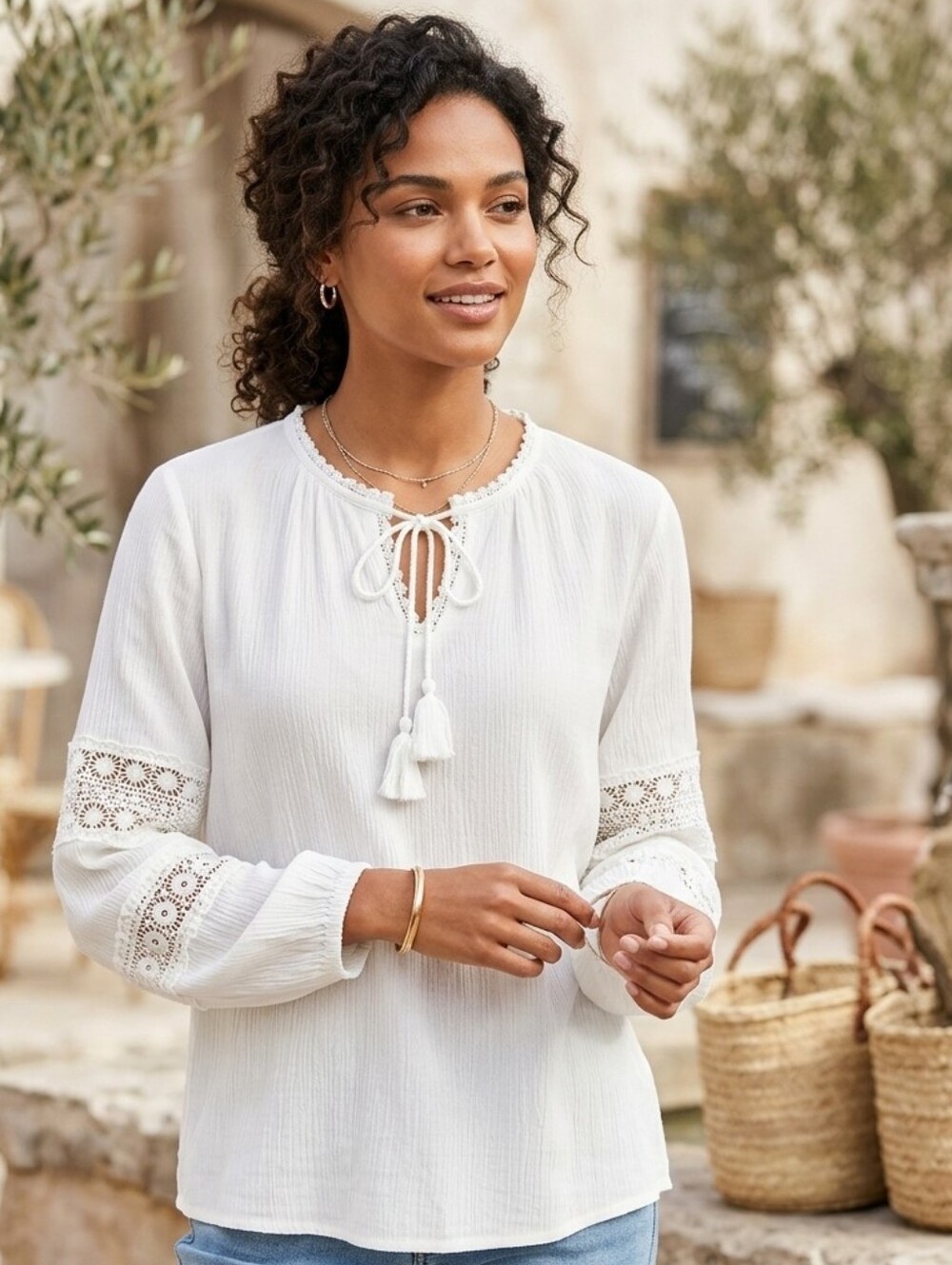 ELLA Rafaella Plus Size XXL White Embroidered Puff Long Sleeve Blouse